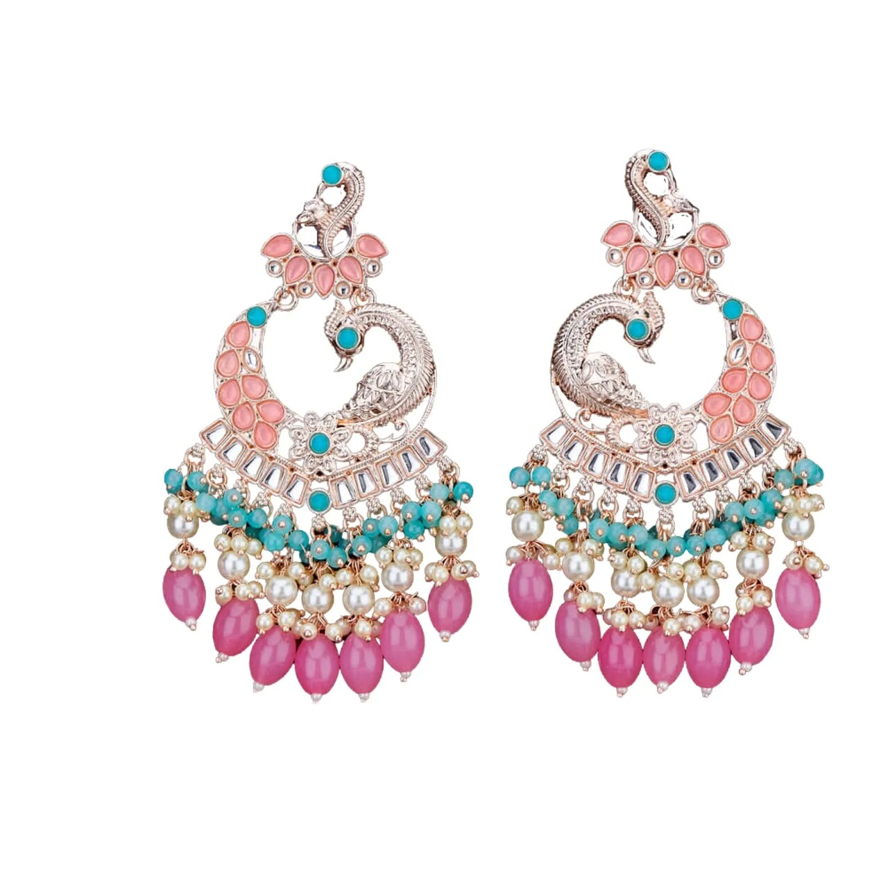 Oversized / Big Indian Jhumka Earrings for Women - Indian Peacock Earrings Ethnic Chandbali Jhumki Kundan & Faux Pearl Beaded Bollywood Style Dangle Earring